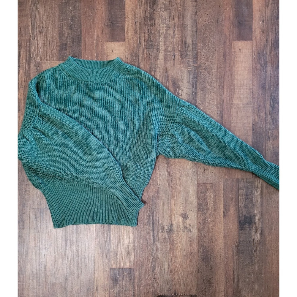 Wild Fable Cropped Knit Long Puff Sleeved Hipster Y2K Forest Green Sweater SZ L